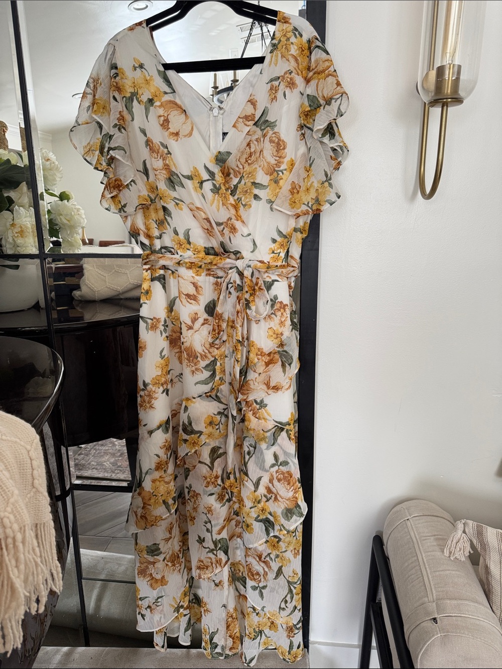 Women's High Low Floral Maxi Dress in Yellow and Green